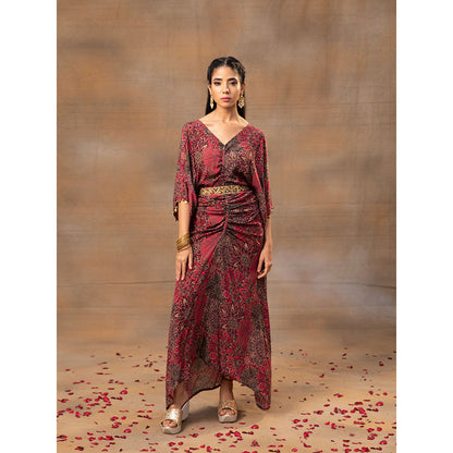 MEHAK MURPANA Pink Printed Draped Dress with Embroidered Belt (Set of 2)