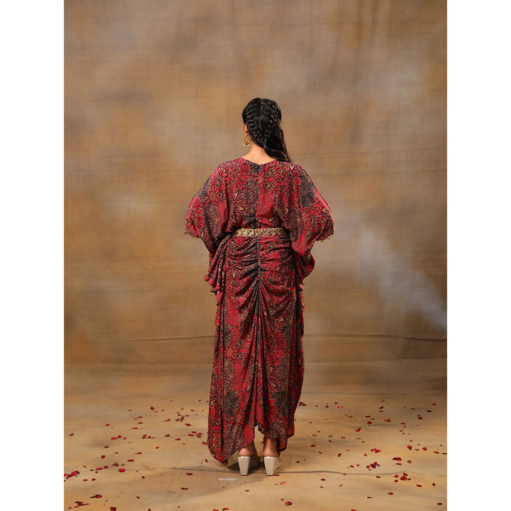 MEHAK MURPANA Pink Printed Draped Dress with Embroidered Belt (Set of 2)