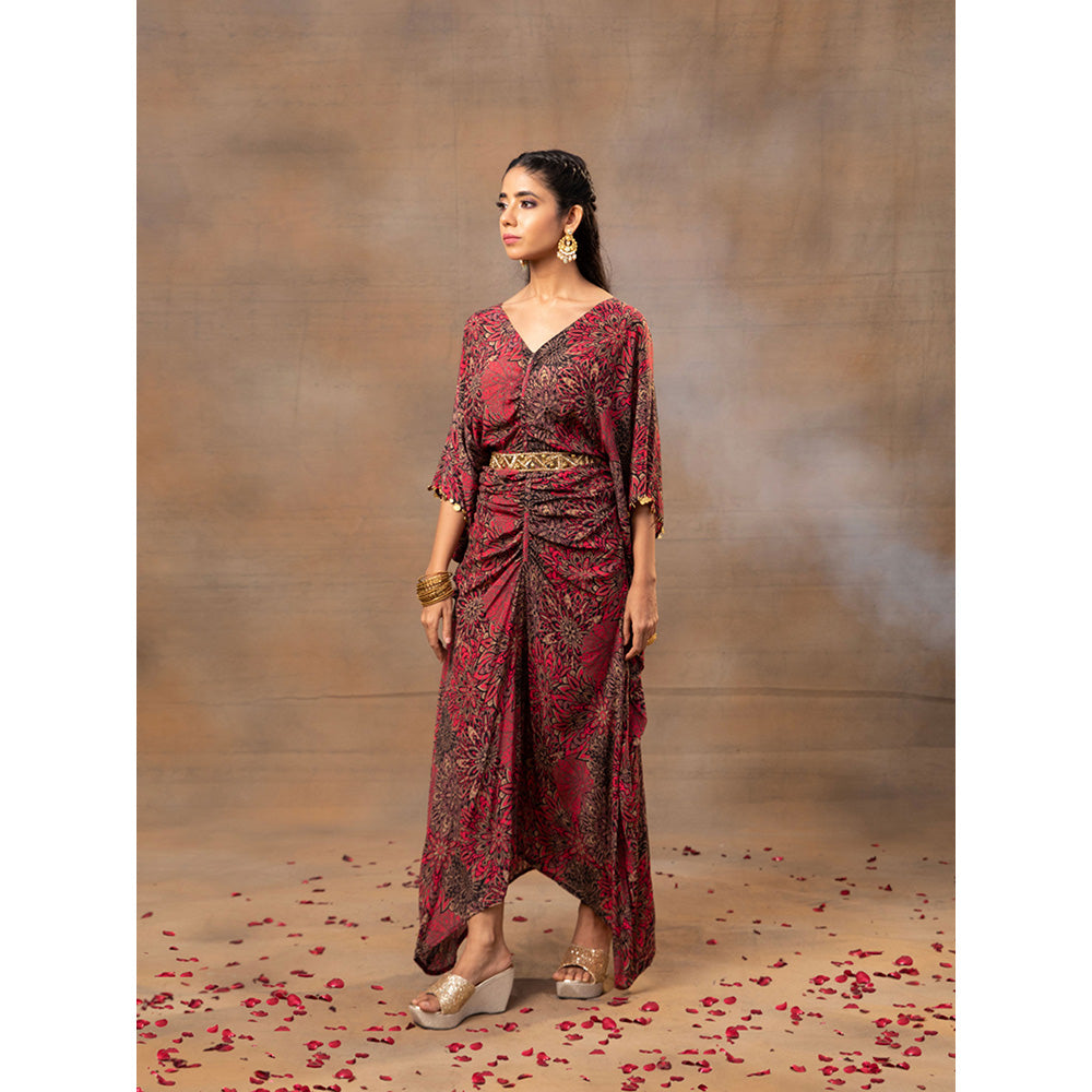 MEHAK MURPANA Pink Printed Draped Dress with Embroidered Belt (Set of 2)