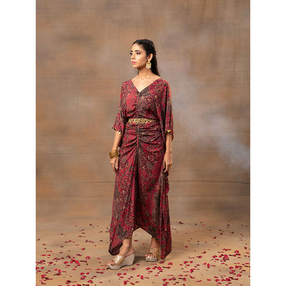 MEHAK MURPANA Pink Printed Draped Dress with Embroidered Belt (Set of 2)