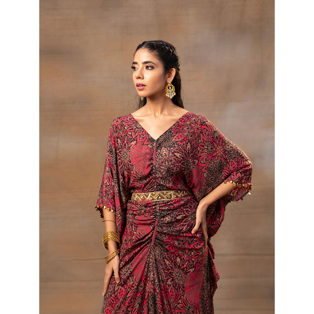 MEHAK MURPANA Pink Printed Draped Dress with Embroidered Belt (Set of 2)