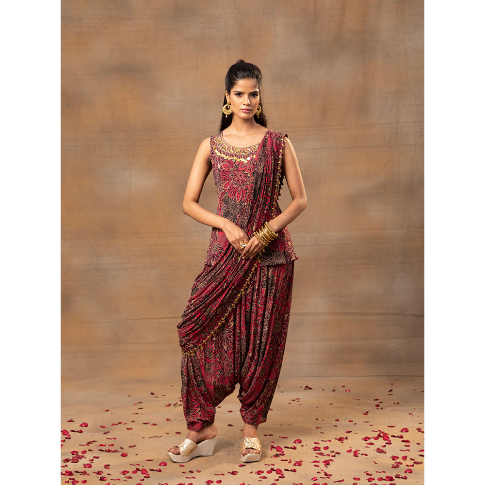 MEHAK MURPANA Pink Printed Embroidered Short Top Dhoti Pants and Drape (Set of 3)