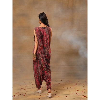 MEHAK MURPANA Pink Printed Embroidered Short Top Dhoti Pants and Drape (Set of 3)