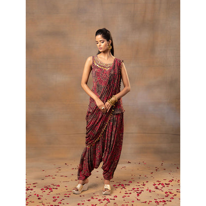 MEHAK MURPANA Pink Printed Embroidered Short Top Dhoti Pants and Drape (Set of 3)