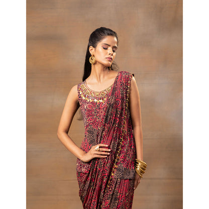 MEHAK MURPANA Pink Printed Embroidered Short Top Dhoti Pants and Drape (Set of 3)