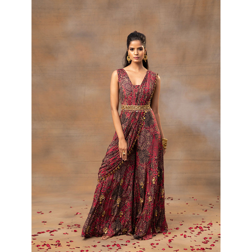 MEHAK MURPANA Pink Printed Jumpsuit Drape and Belt with Embroidery (Set of 3)