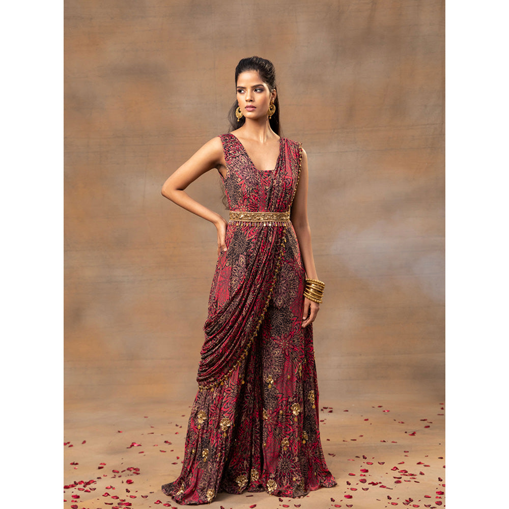 MEHAK MURPANA Pink Printed Jumpsuit Drape and Belt with Embroidery (Set of 3)