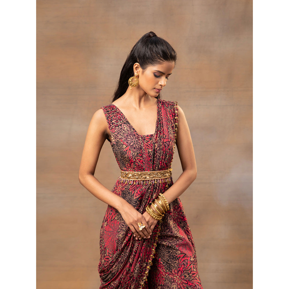 MEHAK MURPANA Pink Printed Jumpsuit Drape and Belt with Embroidery (Set of 3)