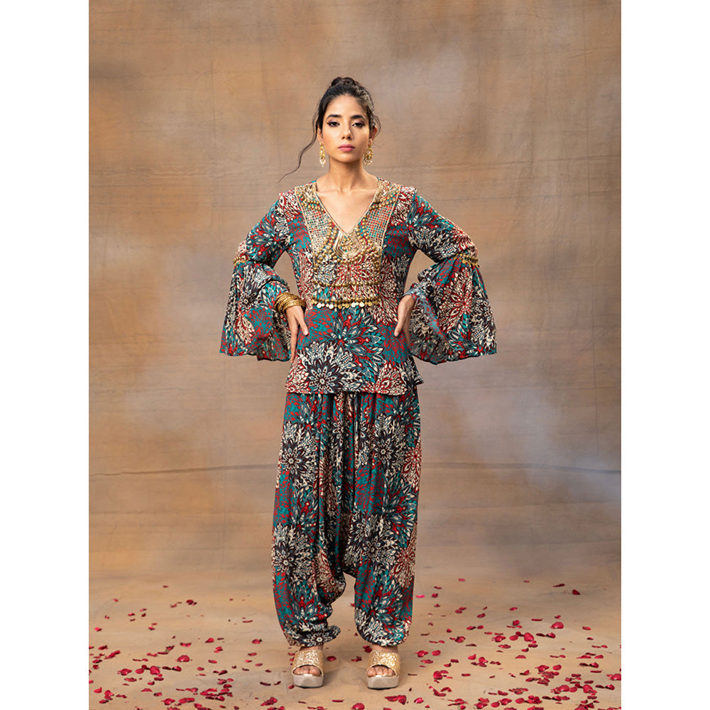 MEHAK MURPANA Green Printed Embroidered Short Top with Low Crotch Dhoti Pants (Set of 2)