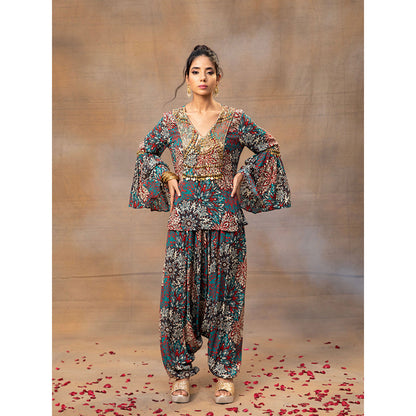 MEHAK MURPANA Green Printed Embroidered Short Top with Low Crotch Dhoti Pants (Set of 2)