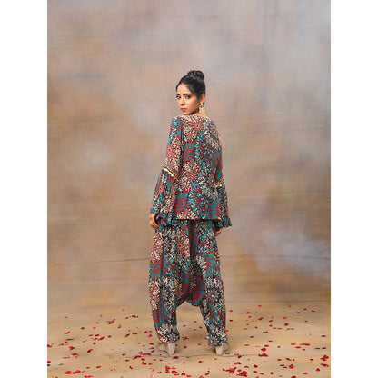 MEHAK MURPANA Green Printed Embroidered Short Top with Low Crotch Dhoti Pants (Set of 2)