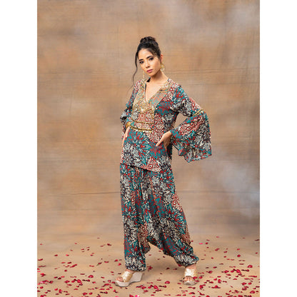 MEHAK MURPANA Green Printed Embroidered Short Top with Low Crotch Dhoti Pants (Set of 2)