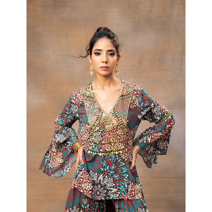 MEHAK MURPANA Green Printed Embroidered Short Top with Low Crotch Dhoti Pants (Set of 2)