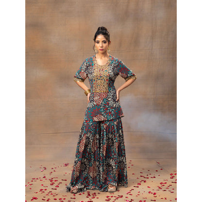 MEHAK MURPANA Green Printed Embroidered Short Kurta with Sharara (Set of 2)