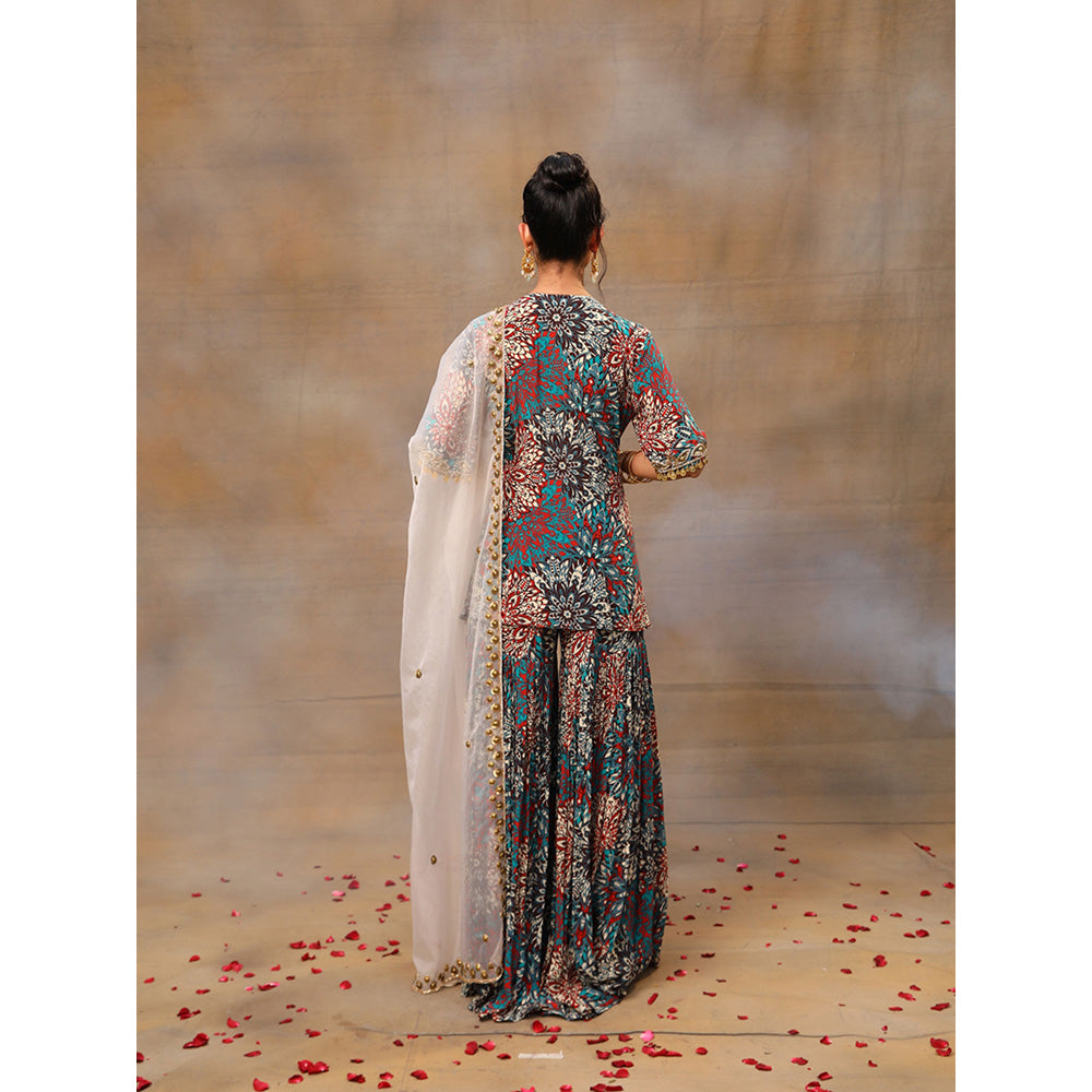 MEHAK MURPANA Green Printed Embroidered Short Kurta with Sharara (Set of 2)