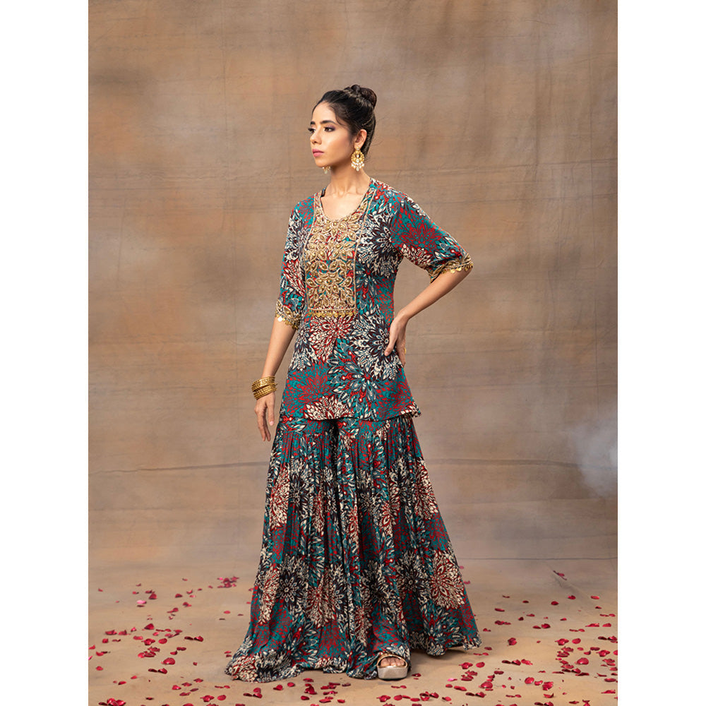 MEHAK MURPANA Green Printed Embroidered Short Kurta with Sharara (Set of 2)