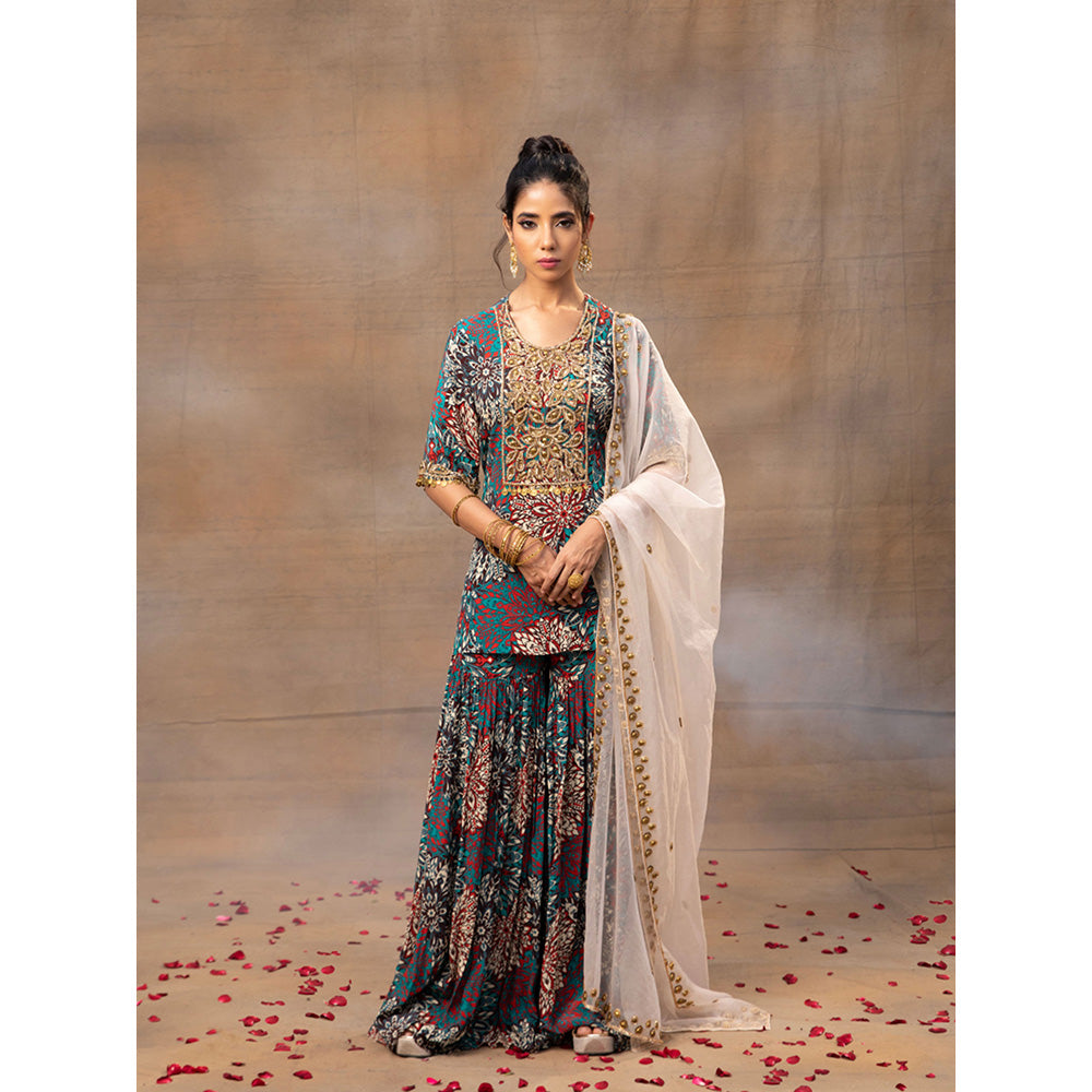 MEHAK MURPANA Green Printed Embroidered Short Kurta Sharara and Dupatta (Set of 3)