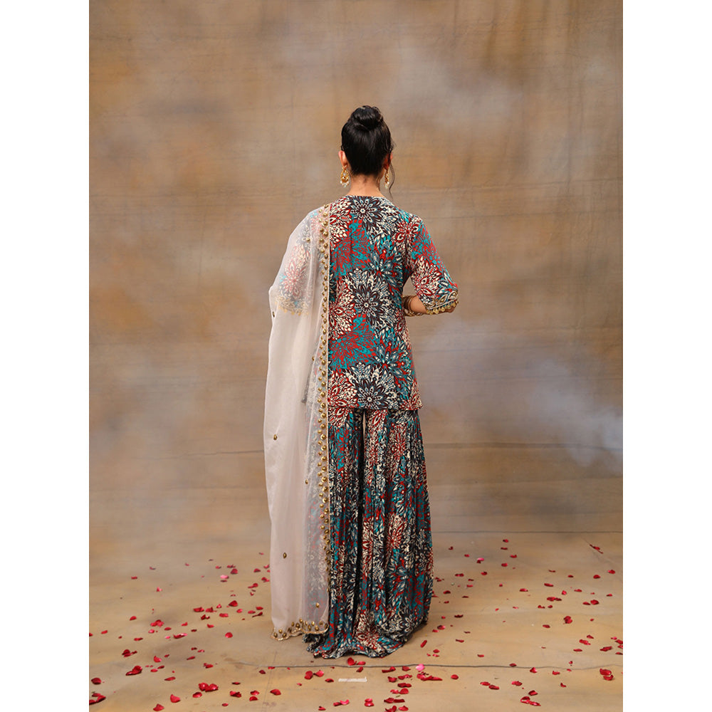 MEHAK MURPANA Green Printed Embroidered Short Kurta Sharara and Dupatta (Set of 3)