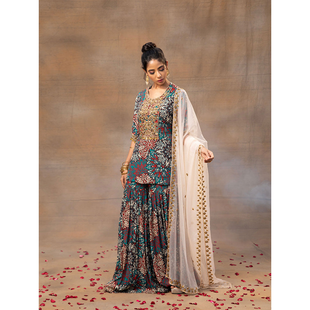 MEHAK MURPANA Green Printed Embroidered Short Kurta Sharara and Dupatta (Set of 3)