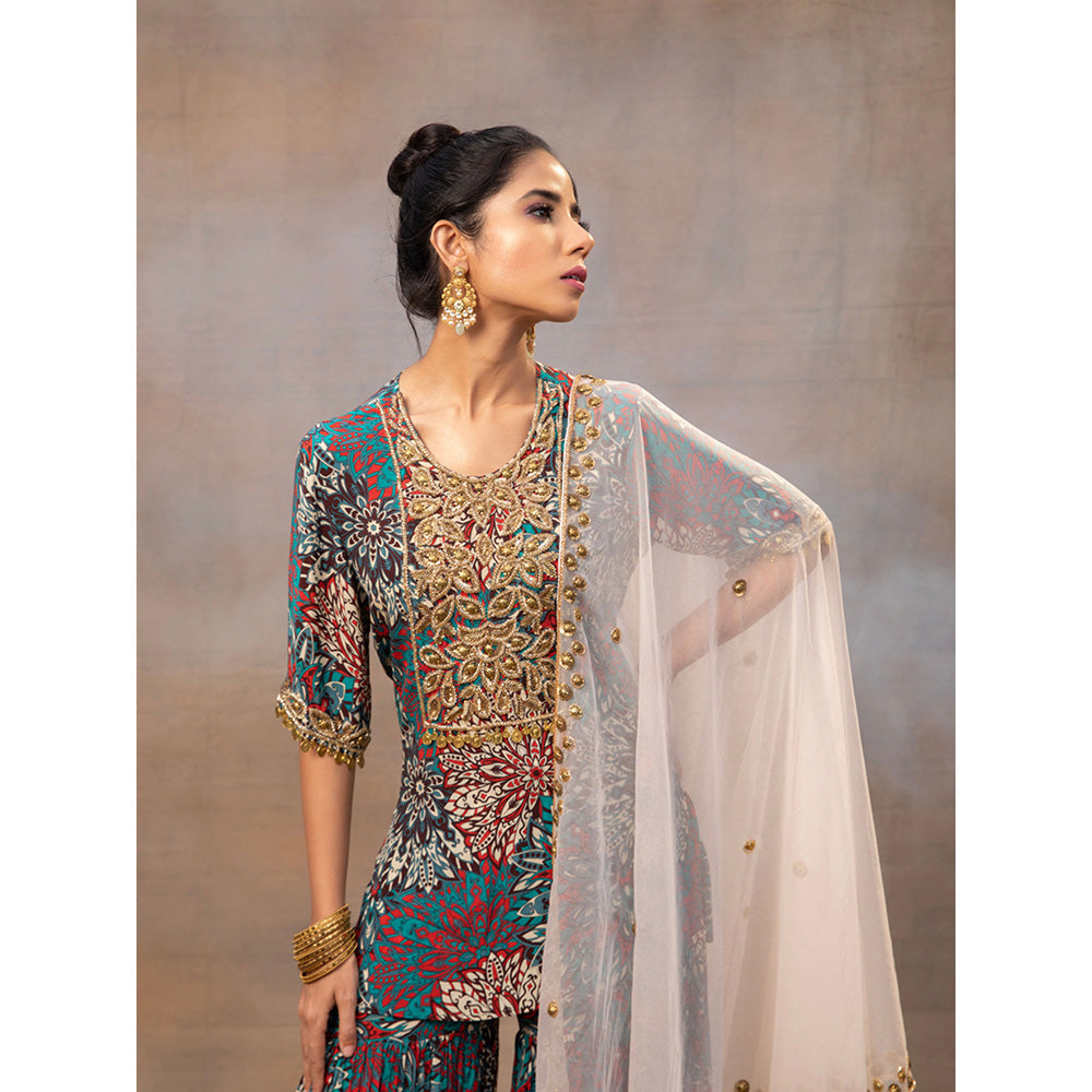 MEHAK MURPANA Green Printed Embroidered Short Kurta Sharara and Dupatta (Set of 3)