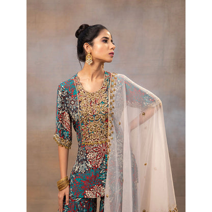 MEHAK MURPANA Green Printed Embroidered Short Kurta Sharara and Dupatta (Set of 3)