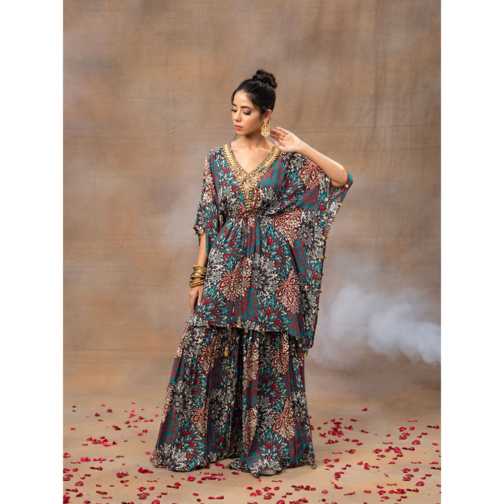 MEHAK MURPANA Green Printed Embroidered Kaftan Top with Sharara (Set of 2)