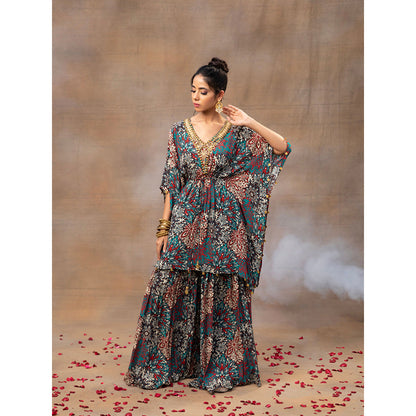 MEHAK MURPANA Green Printed Embroidered Kaftan Top with Sharara (Set of 2)