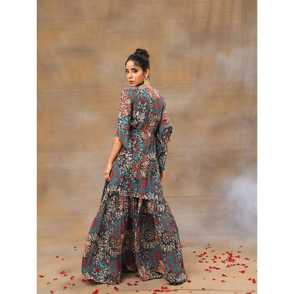 MEHAK MURPANA Green Printed Embroidered Kaftan Top with Sharara (Set of 2)