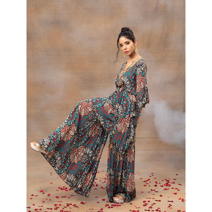 MEHAK MURPANA Green Printed Embroidered Kaftan Top with Sharara (Set of 2)