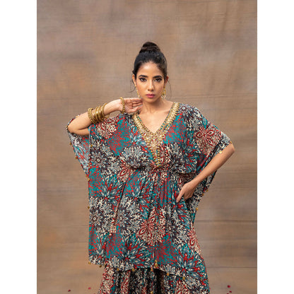 MEHAK MURPANA Green Printed Embroidered Kaftan Top with Sharara (Set of 2)