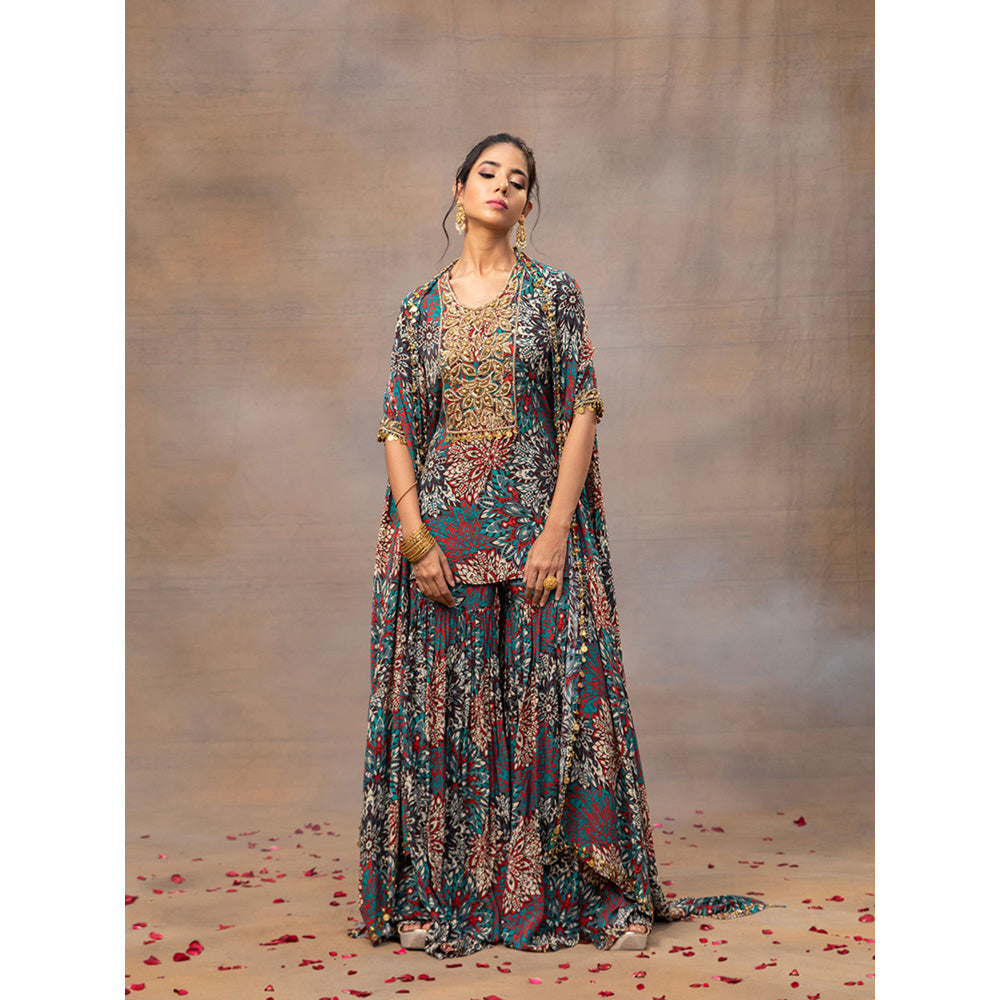 MEHAK MURPANA Green Printed Embroidered Short Kurta Sharara and Cape (Set of 3)