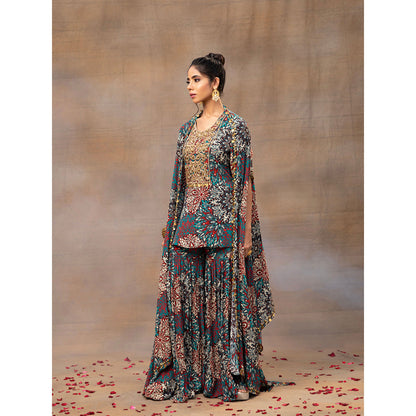 MEHAK MURPANA Green Printed Embroidered Short Kurta Sharara and Cape (Set of 3)
