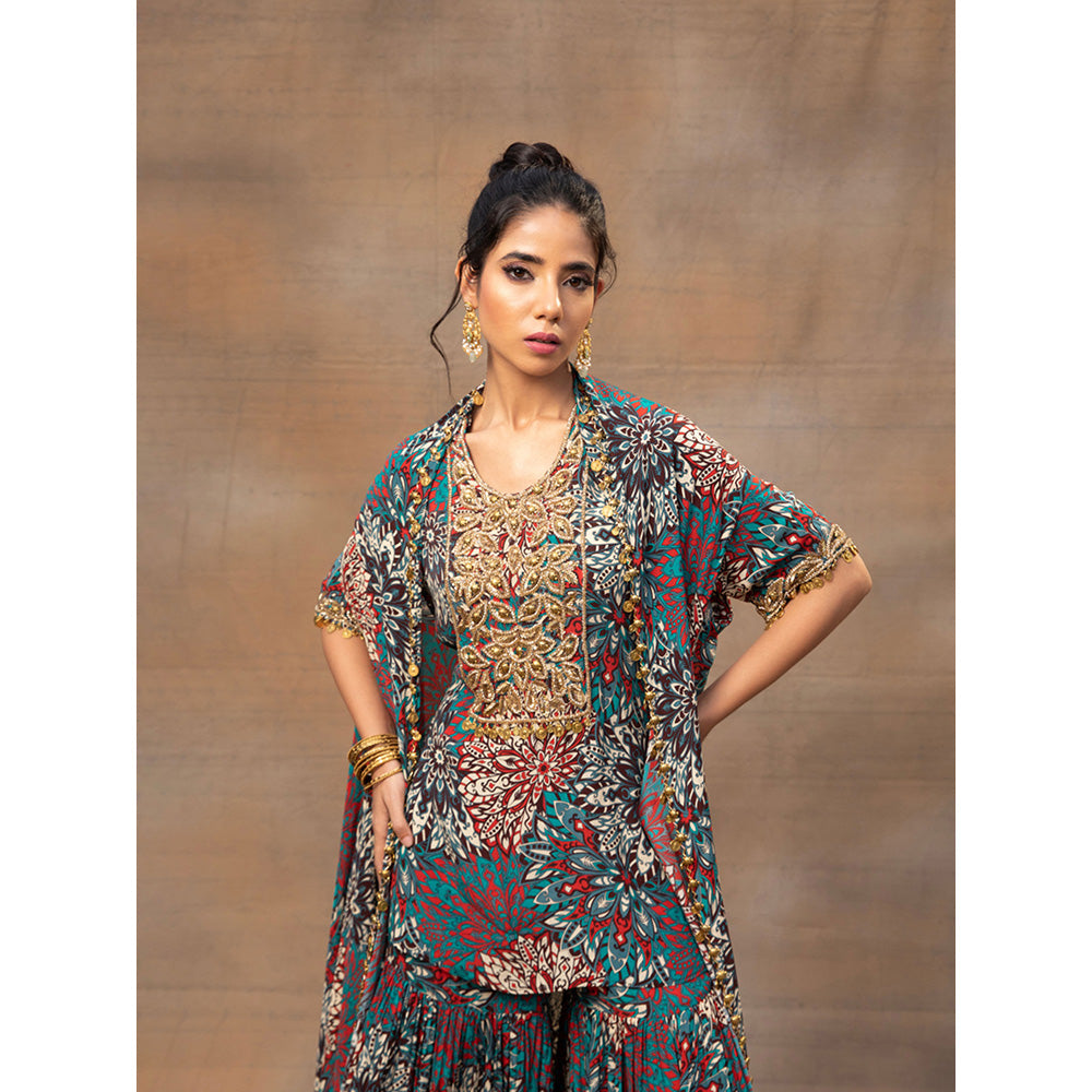 MEHAK MURPANA Green Printed Embroidered Short Kurta Sharara and Cape (Set of 3)