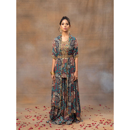 MEHAK MURPANA Green Printed Embroidered Short Kurta Sharara Cape and Belt (Set of 4)