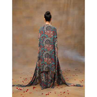 MEHAK MURPANA Green Printed Embroidered Short Kurta Sharara Cape and Belt (Set of 4)