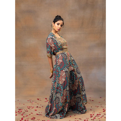 MEHAK MURPANA Green Printed Embroidered Short Kurta Sharara Cape and Belt (Set of 4)