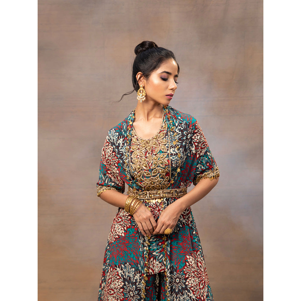 MEHAK MURPANA Green Printed Embroidered Short Kurta Sharara Cape and Belt (Set of 4)