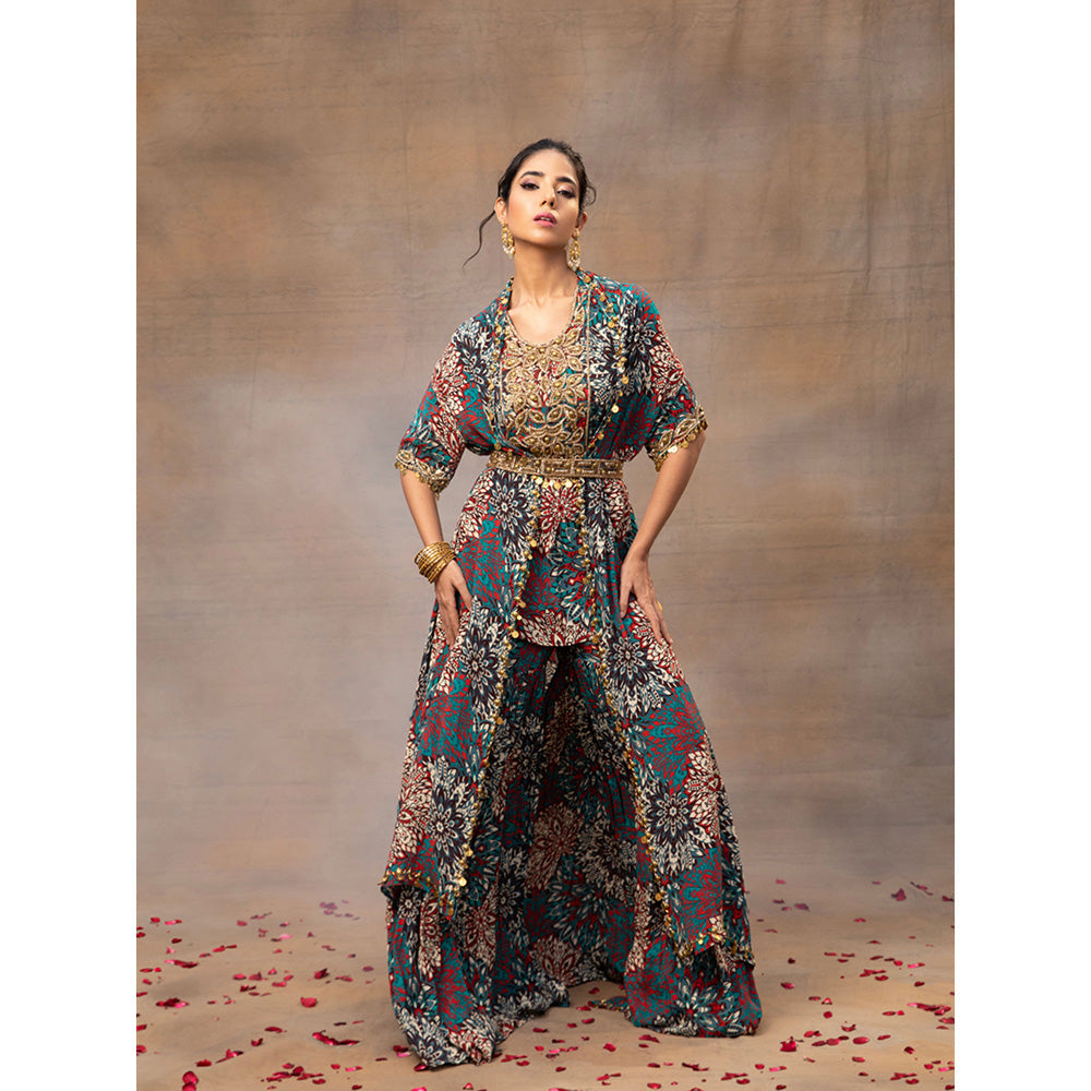 MEHAK MURPANA Green Printed Embroidered Short Kurta Sharara Cape and Belt (Set of 4)