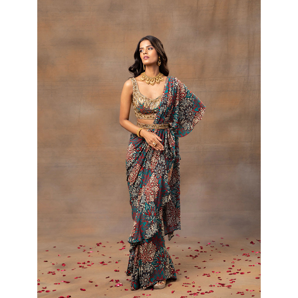 MEHAK MURPANA Green Printed Embroidered Ruffle Saree with Stitched Blouse and Belt