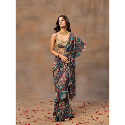 MEHAK MURPANA Green Printed Embroidered Ruffle Saree with Stitched Blouse and Belt