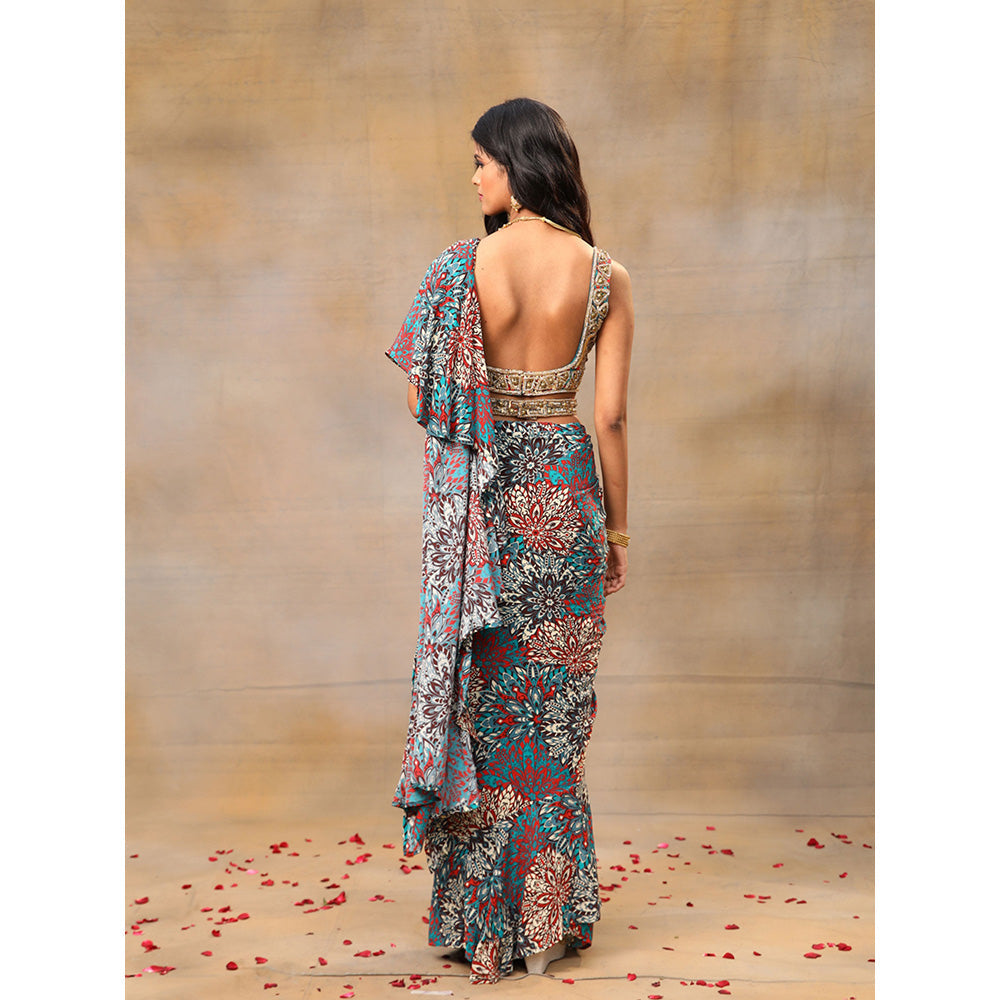 MEHAK MURPANA Green Printed Embroidered Ruffle Saree with Stitched Blouse and Belt