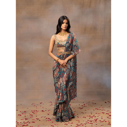 MEHAK MURPANA Green Printed Embroidered Ruffle Saree with Stitched Blouse and Belt