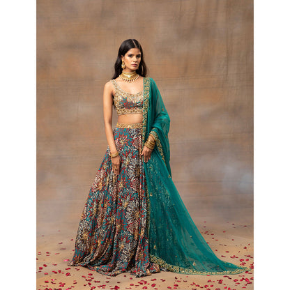 MEHAK MURPANA Green Printed Embroidered Choli Lehenga and Dupatta (Set of 3)