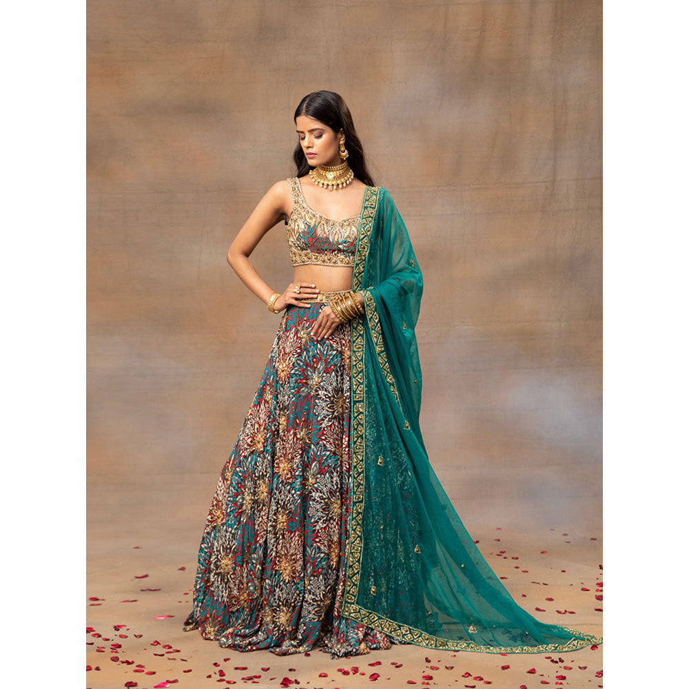 MEHAK MURPANA Green Printed Embroidered Choli Lehenga and Dupatta (Set of 3)