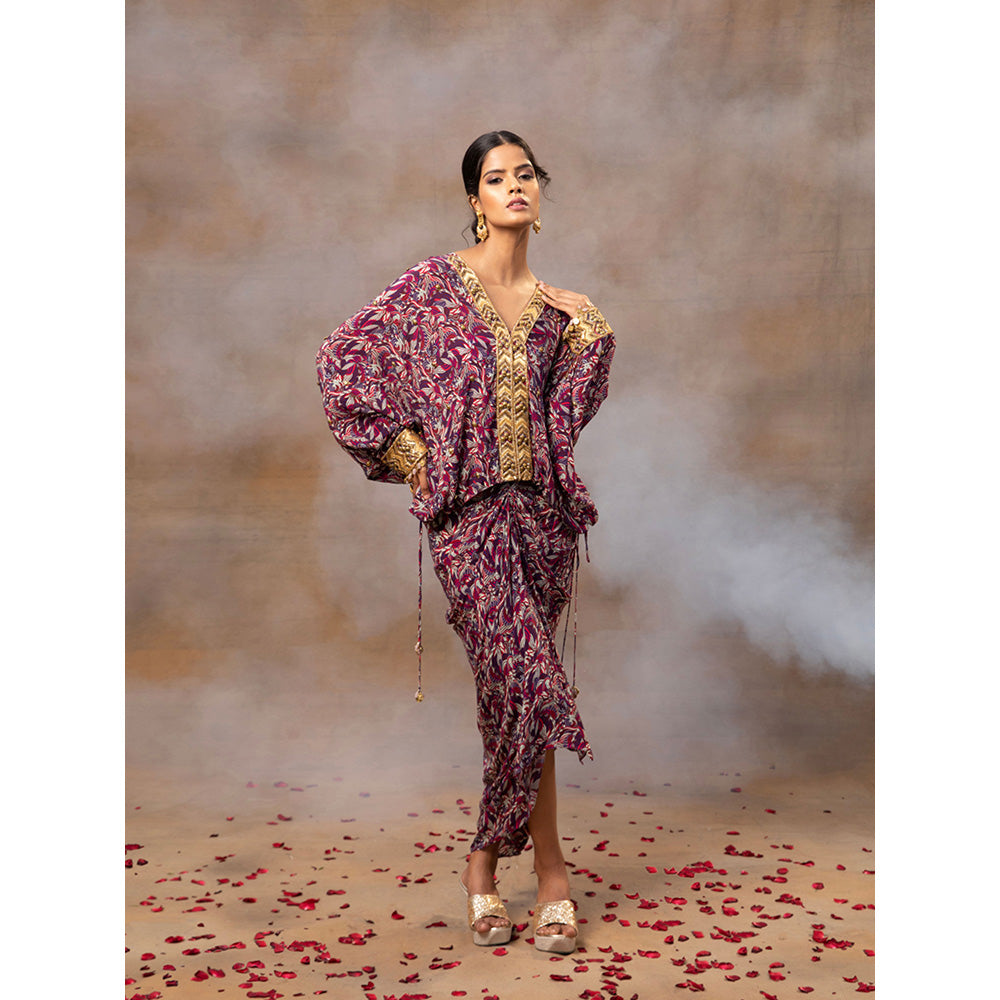 MEHAK MURPANA Purple Printed Embroidered Batwing Top with Draped Skirt (Set of 2)