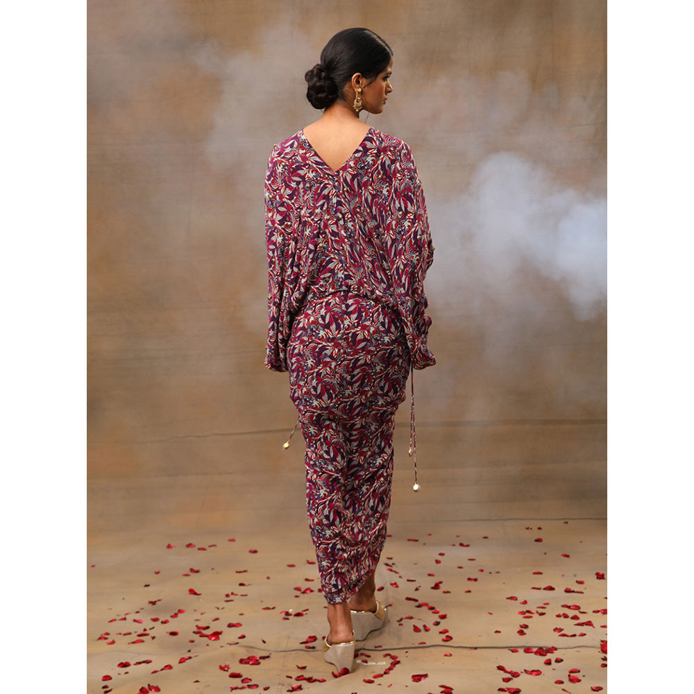 MEHAK MURPANA Purple Printed Embroidered Batwing Top with Draped Skirt (Set of 2)