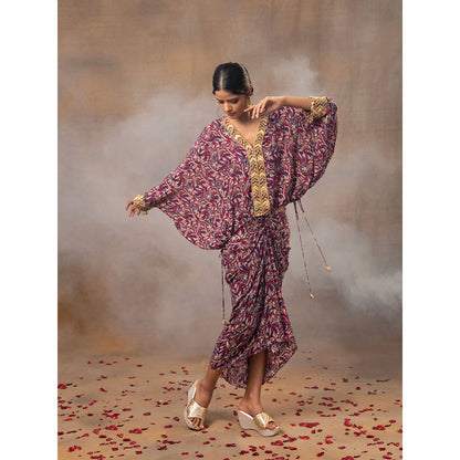 MEHAK MURPANA Purple Printed Embroidered Batwing Top with Draped Skirt (Set of 2)