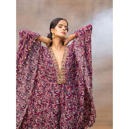 MEHAK MURPANA Purple Printed Embroidered Kaftan Jumpsuit