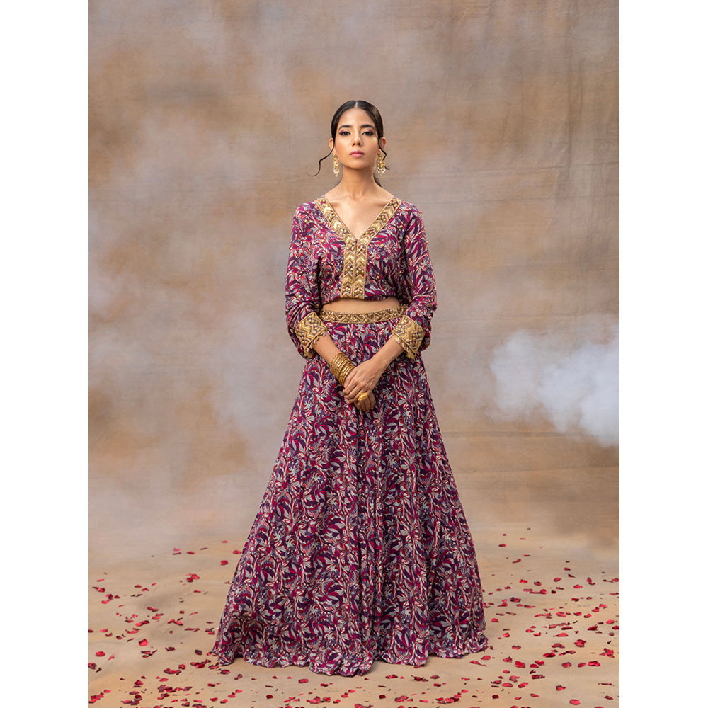 MEHAK MURPANA Purple Printed Embroidered Batwing Sleeves Top with Lehenga (Set of 2)