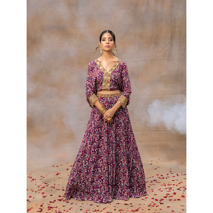 MEHAK MURPANA Purple Printed Embroidered Batwing Sleeves Top with Lehenga (Set of 2)